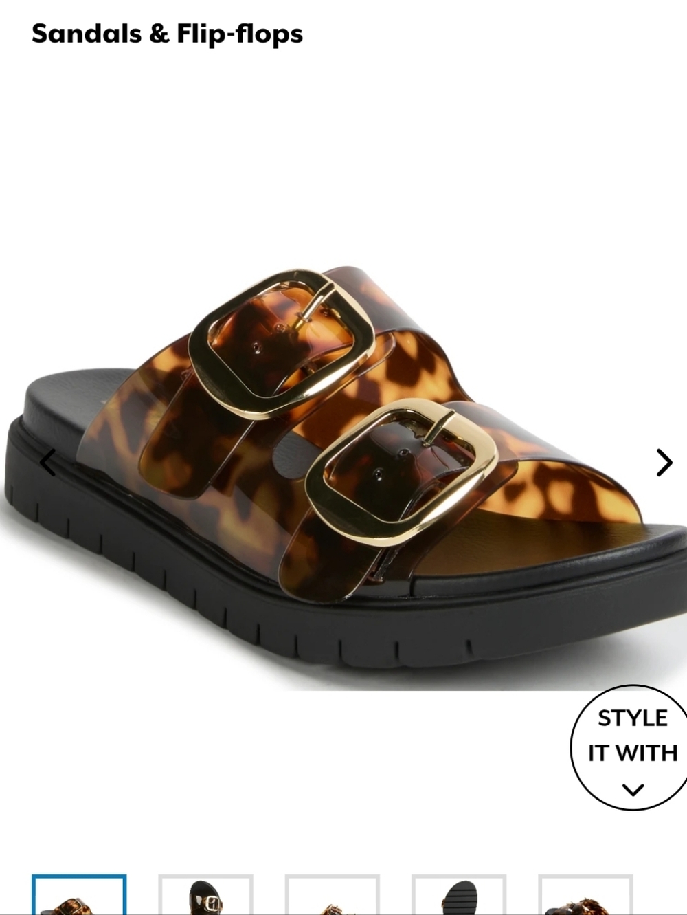 MIA Tortoiseshell Double-Buckle Slide Sandal with Gold Buckles - Brown/Black